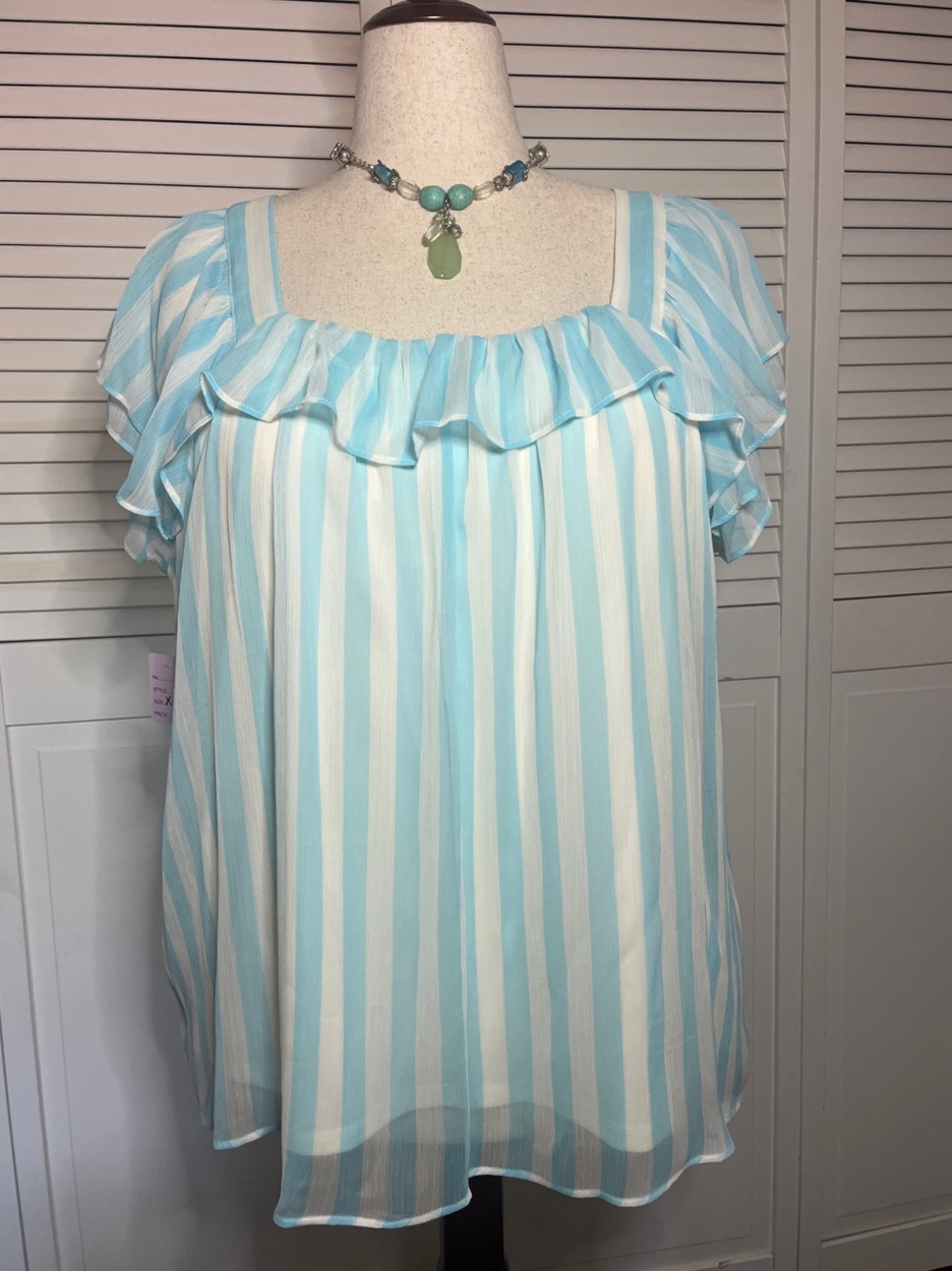 LC Lauren Conrad Aqua & White Striped Ruffle Square Neck Blouse